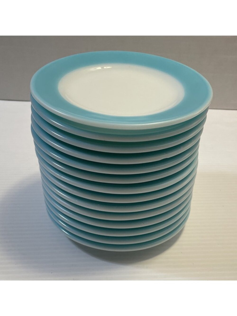 Vintage Pyrex Double Tough 6.75" Bread Dessert Plate Aqua Rim EUC-(8 available)
